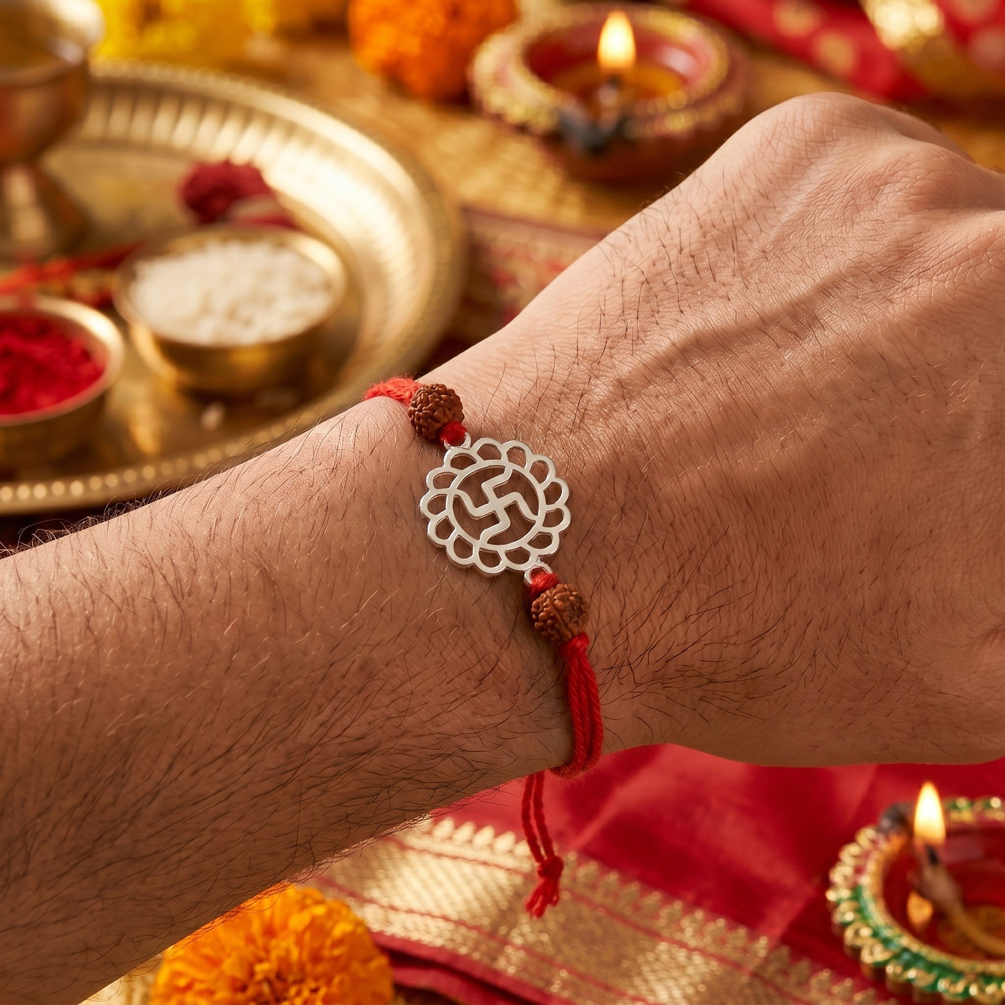 PNG Jewellers Elegant Swastik Silver Plated Rakhi for Men