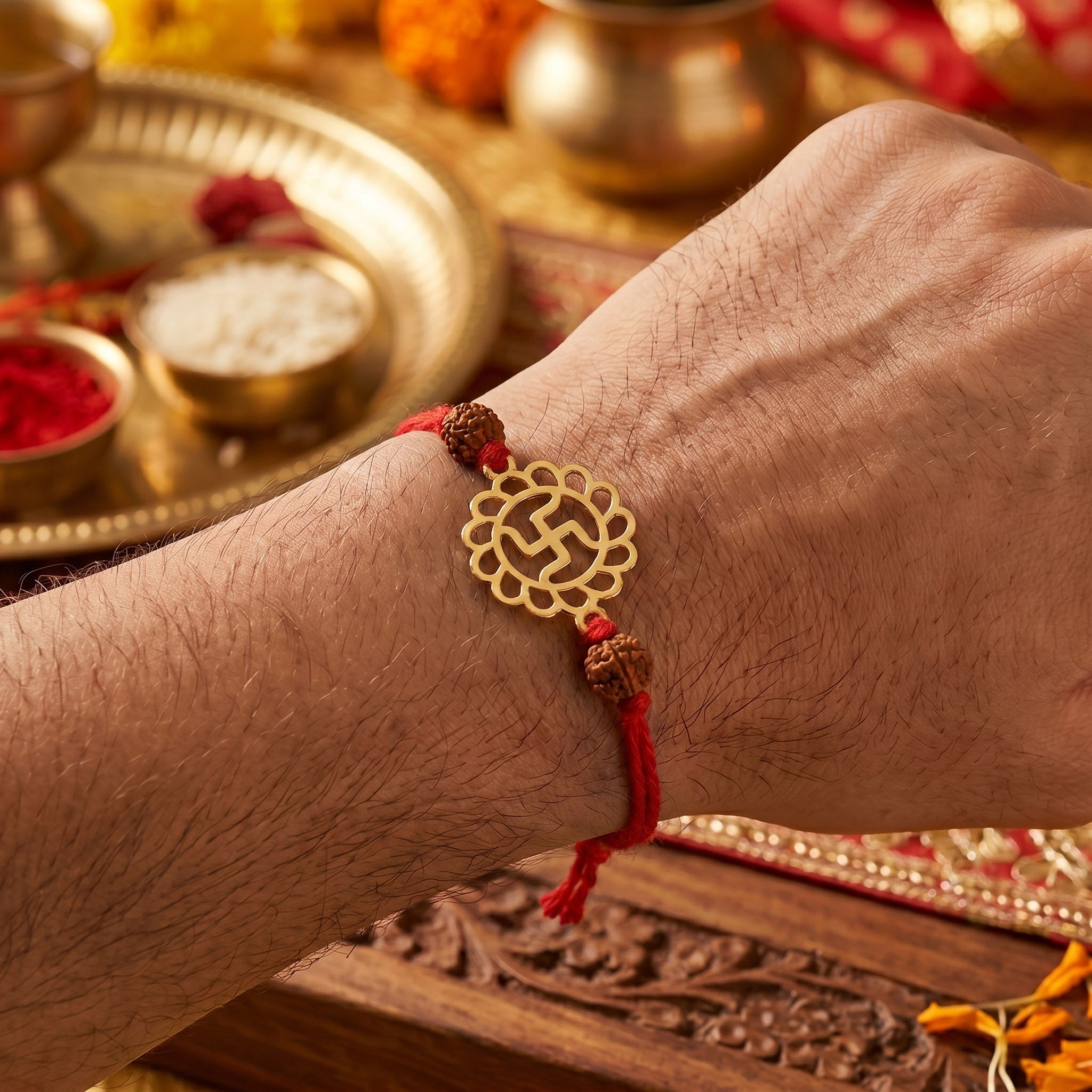 PNG Jewellers Elegant Swastik Gold Plated Rakhi for Men