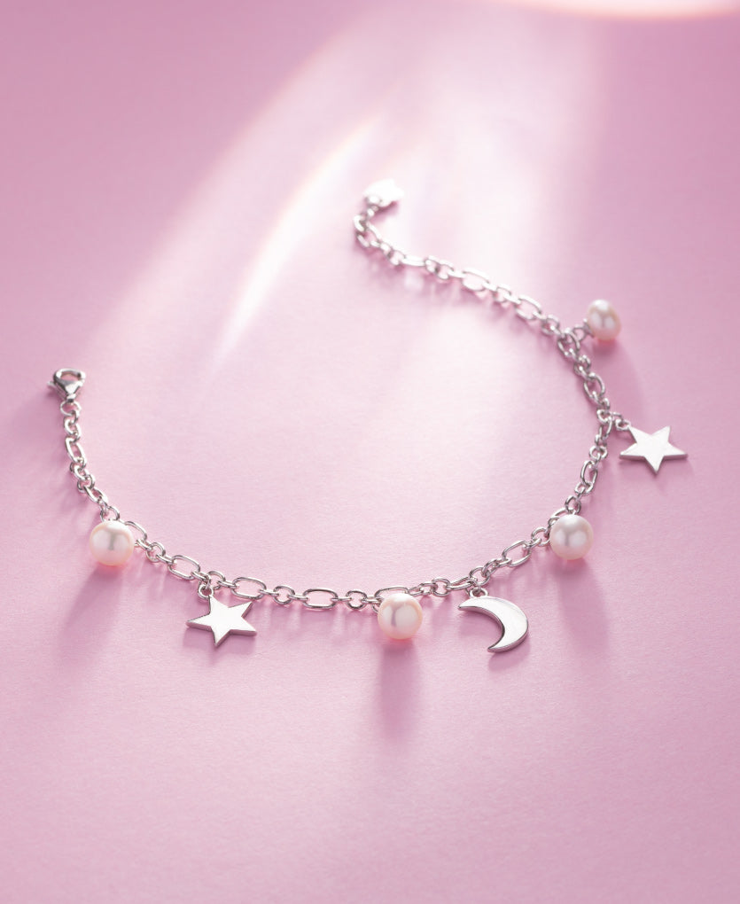 Moon And Star Charms Based Silver Bracelet