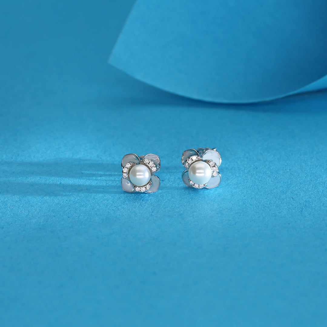White Florals Silver Stud Earrings
