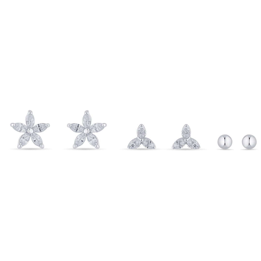 Floral Spark Silver Stud Earring Set