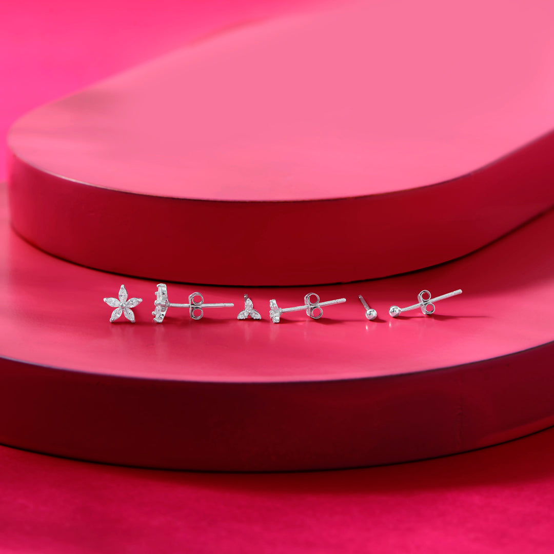 Floral Spark Silver Stud Earring Set