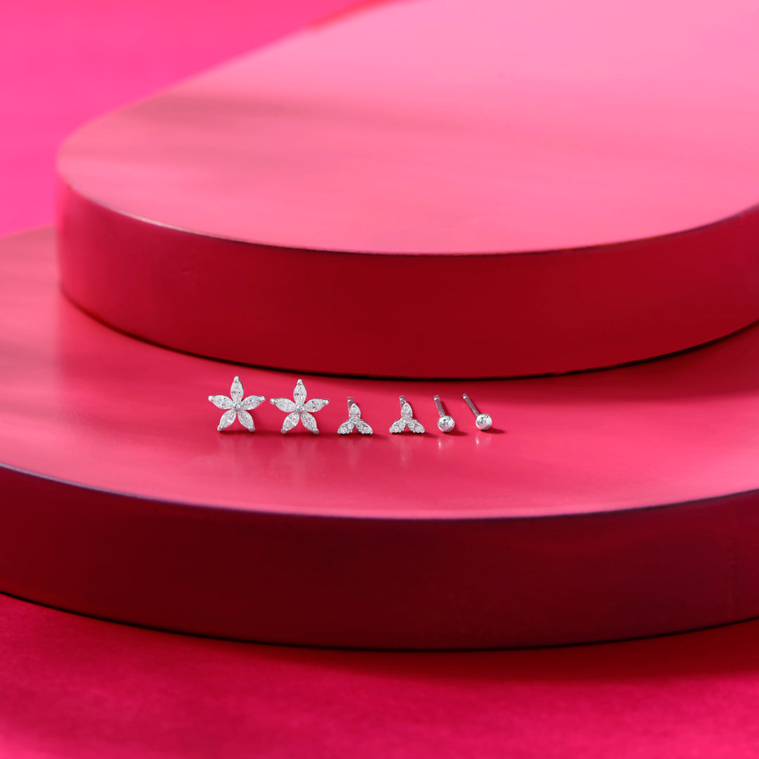 Floral Spark Silver Stud Earring Set