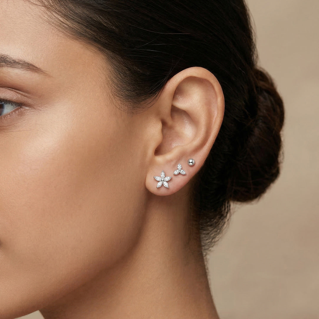 Floral Spark Silver Stud Earring Set