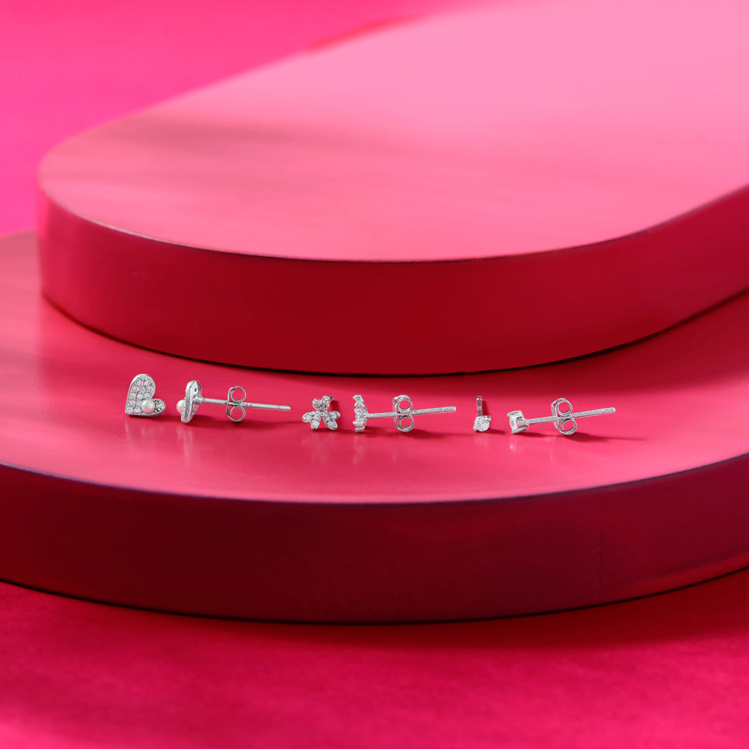 Heartly Glow Silver Stud Earring Set