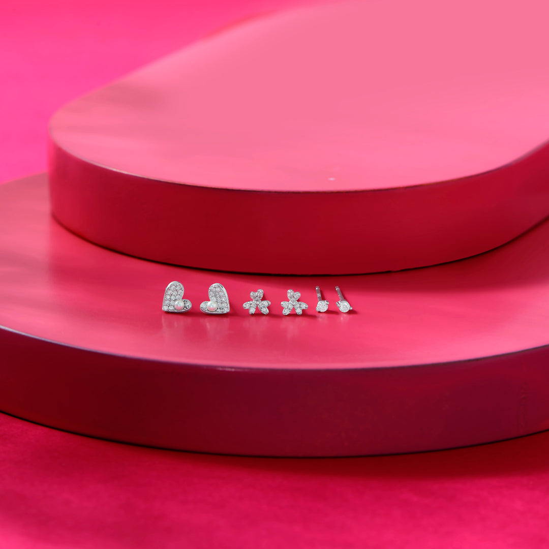 Heartly Glow Silver Stud Earring Set