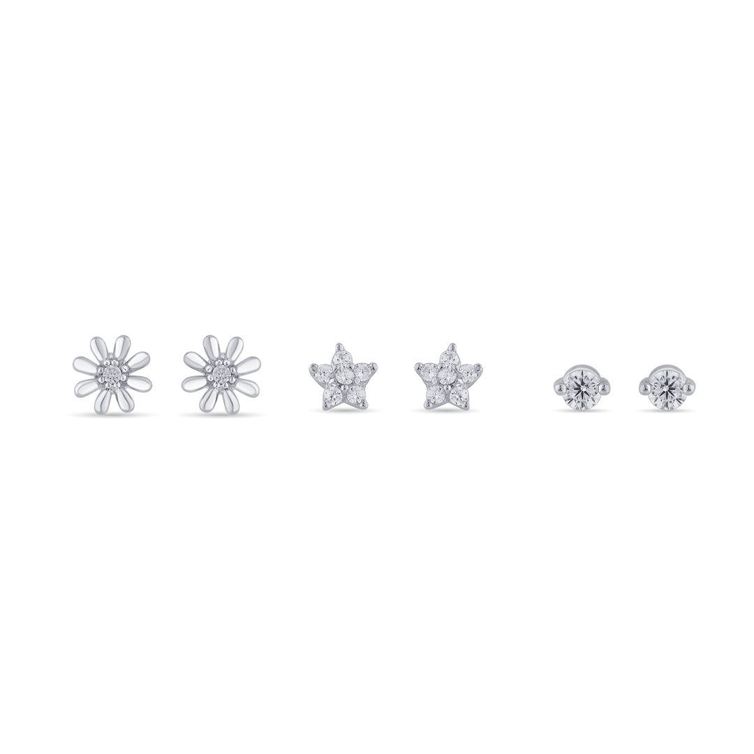 Floral Stars Silver Stud Earring Set