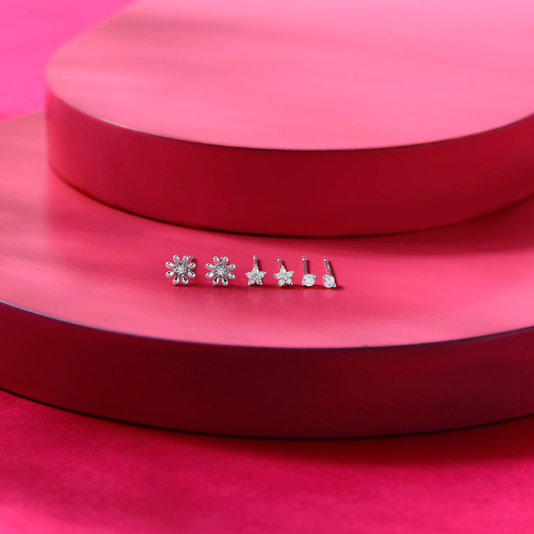 Floral Stars Silver Stud Earring Set