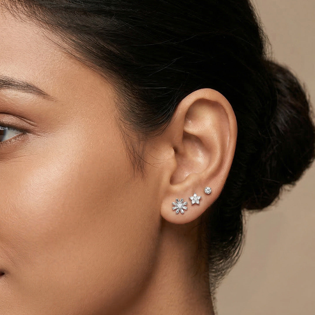Floral Stars Silver Stud Earring Set