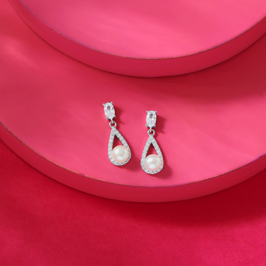 Pearl White Silver Drops & Dangler Earrings
