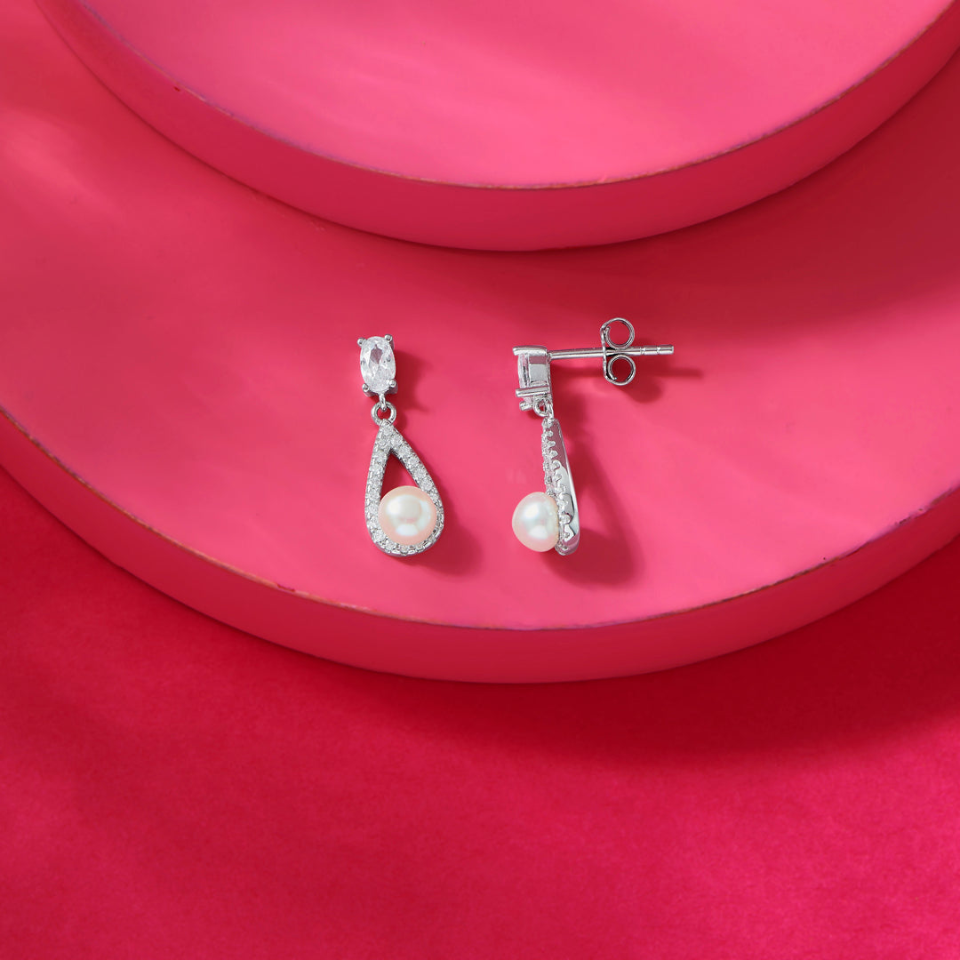 Pearl White Silver Drops & Dangler Earrings