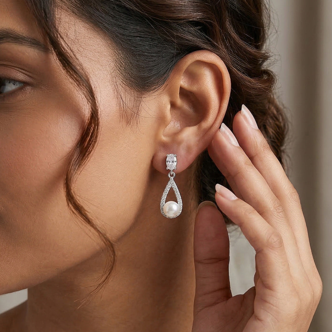 Pearl White Silver Drops & Dangler Earrings