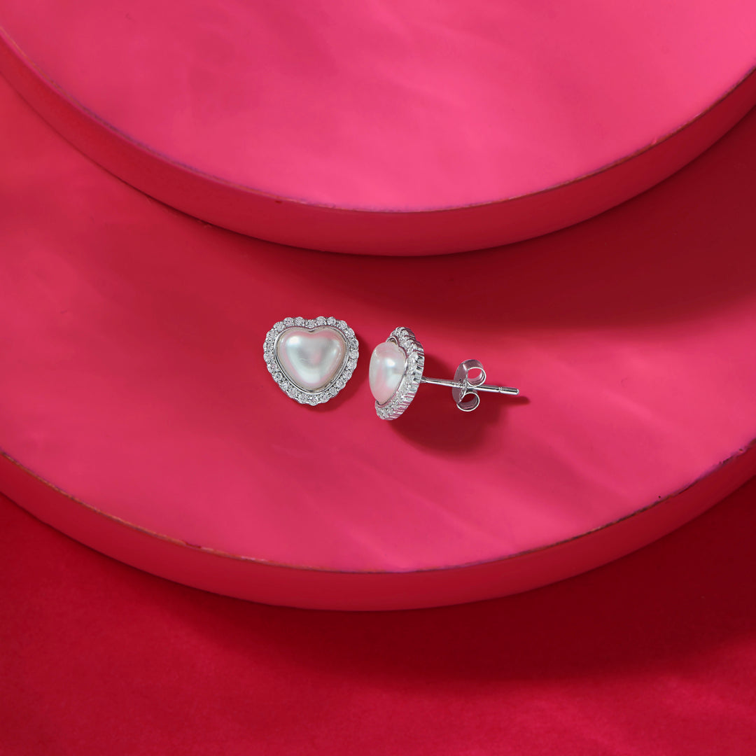 Pearly Heart Silver Stud Earrings