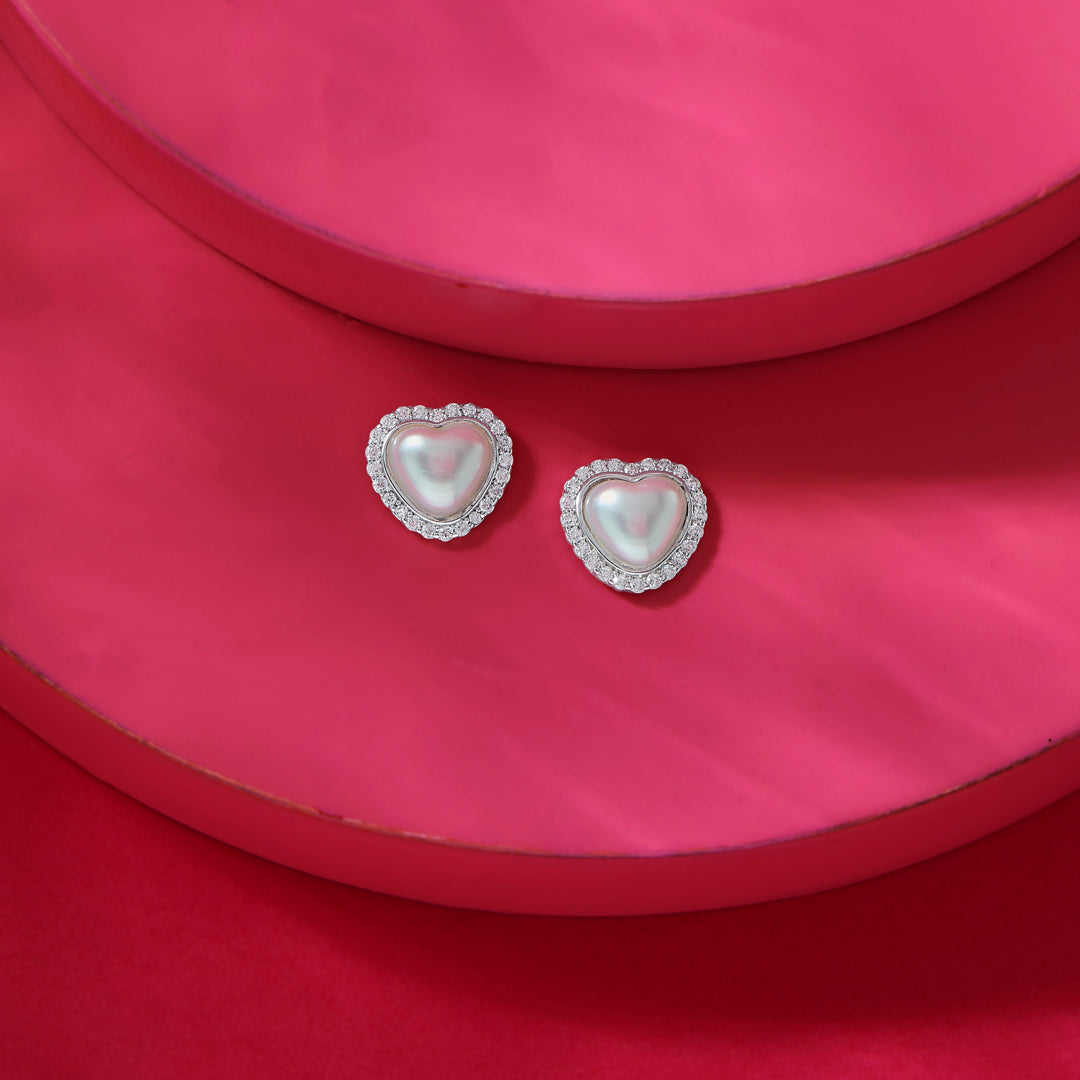 Pearly Heart Silver Stud Earrings