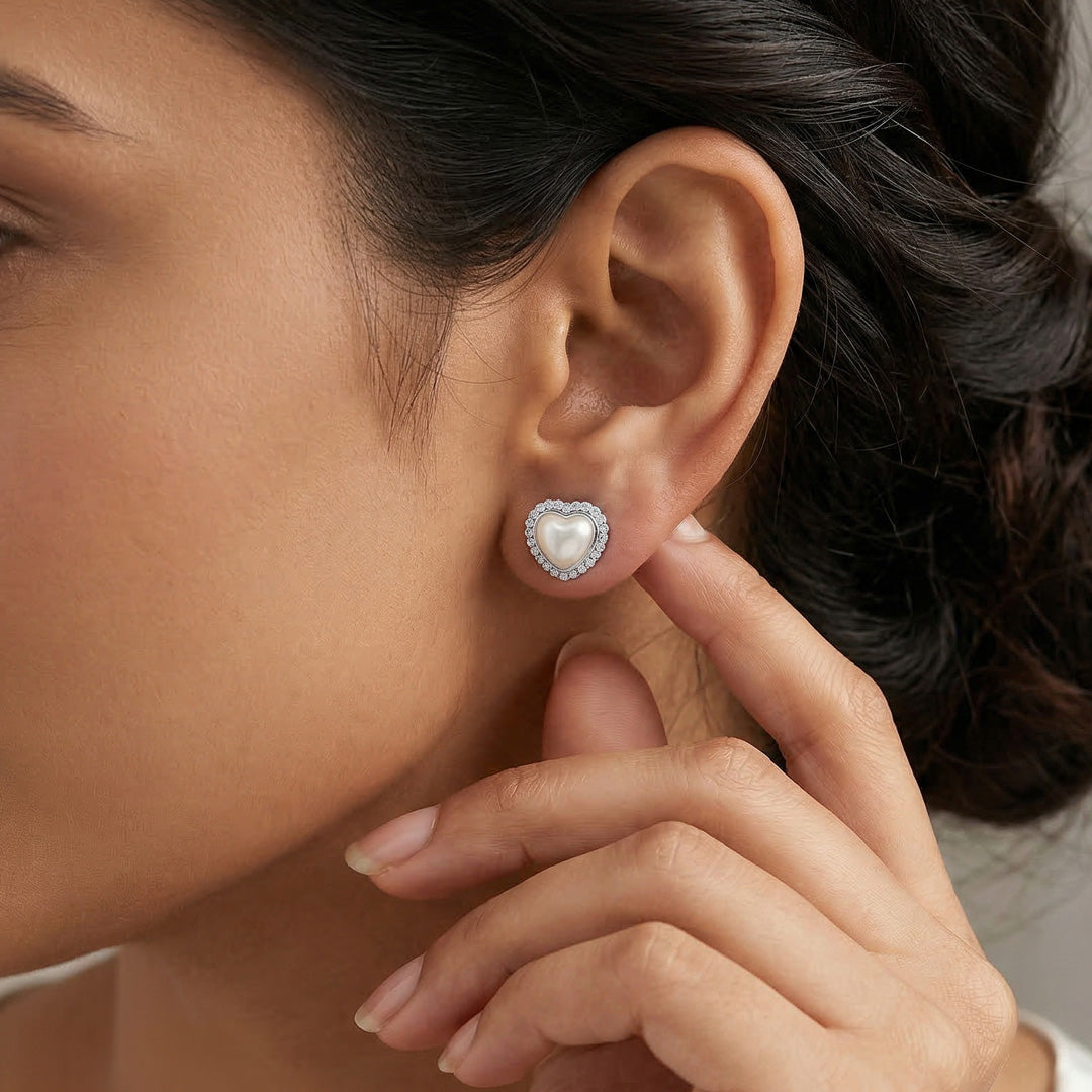 Pearly Heart Silver Stud Earrings