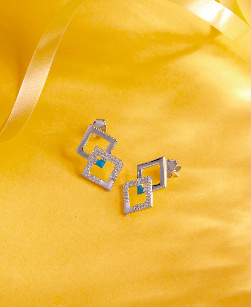 Cubic Link Push Button Silver Earring