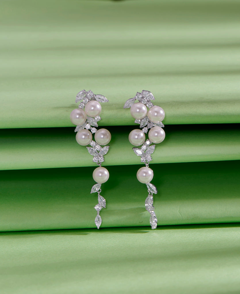 Regalia of Pearls Push Button Silver Earring