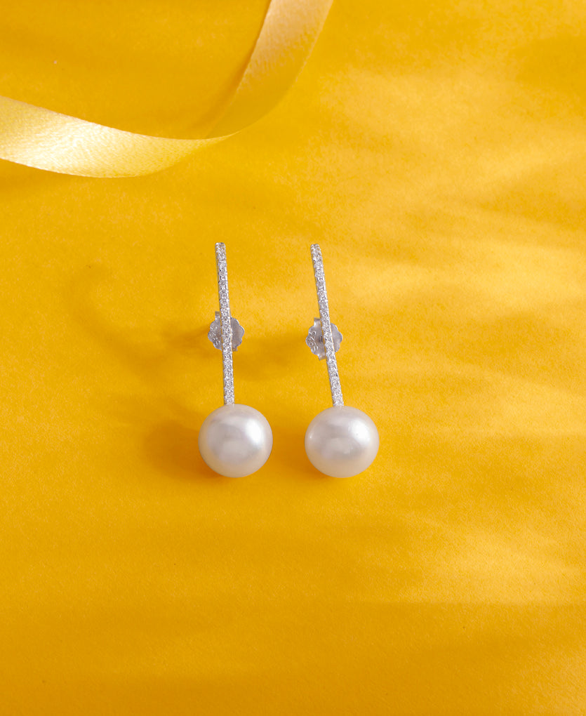 Pristine Pearl Line Push Button Silver Earring