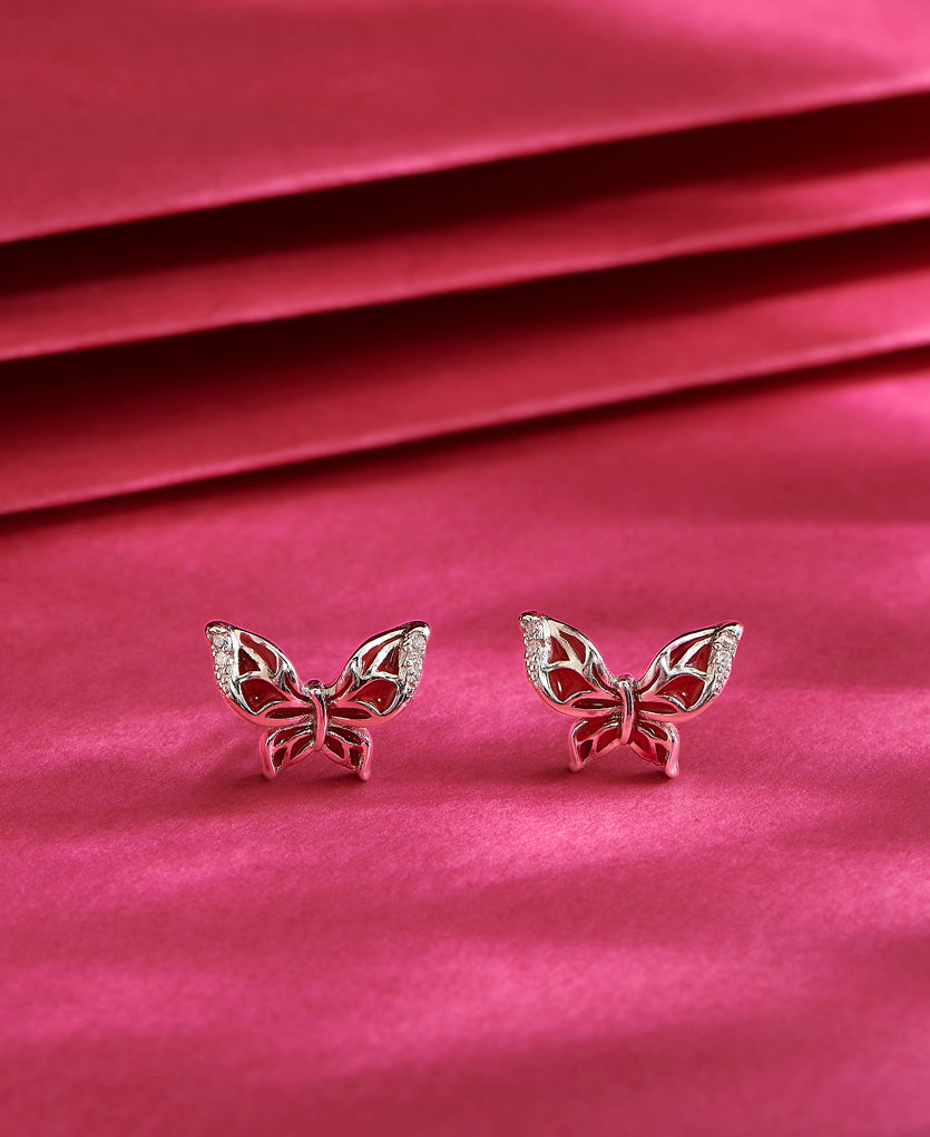 Silver Red Open Wings Butterfly Stud Earring
