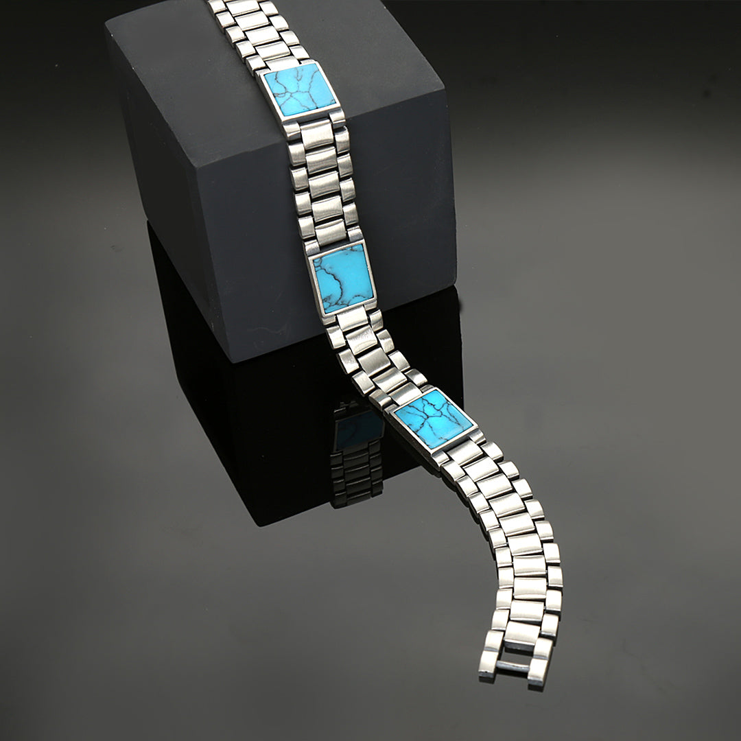 Triple Turquoise Mens Silver Bracelet