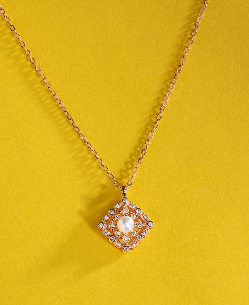 Sterling Silver Square Pendant Necklace With Rose Gold Finish
