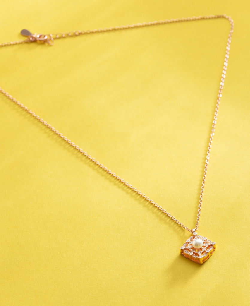 Sterling Silver Square Pendant Necklace With Rose Gold Finish