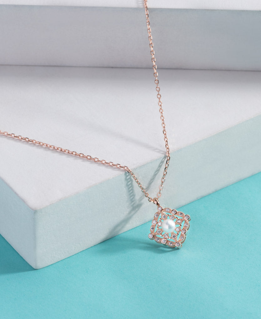 Sterling Silver Square Pendant Necklace With Rose Gold Finish