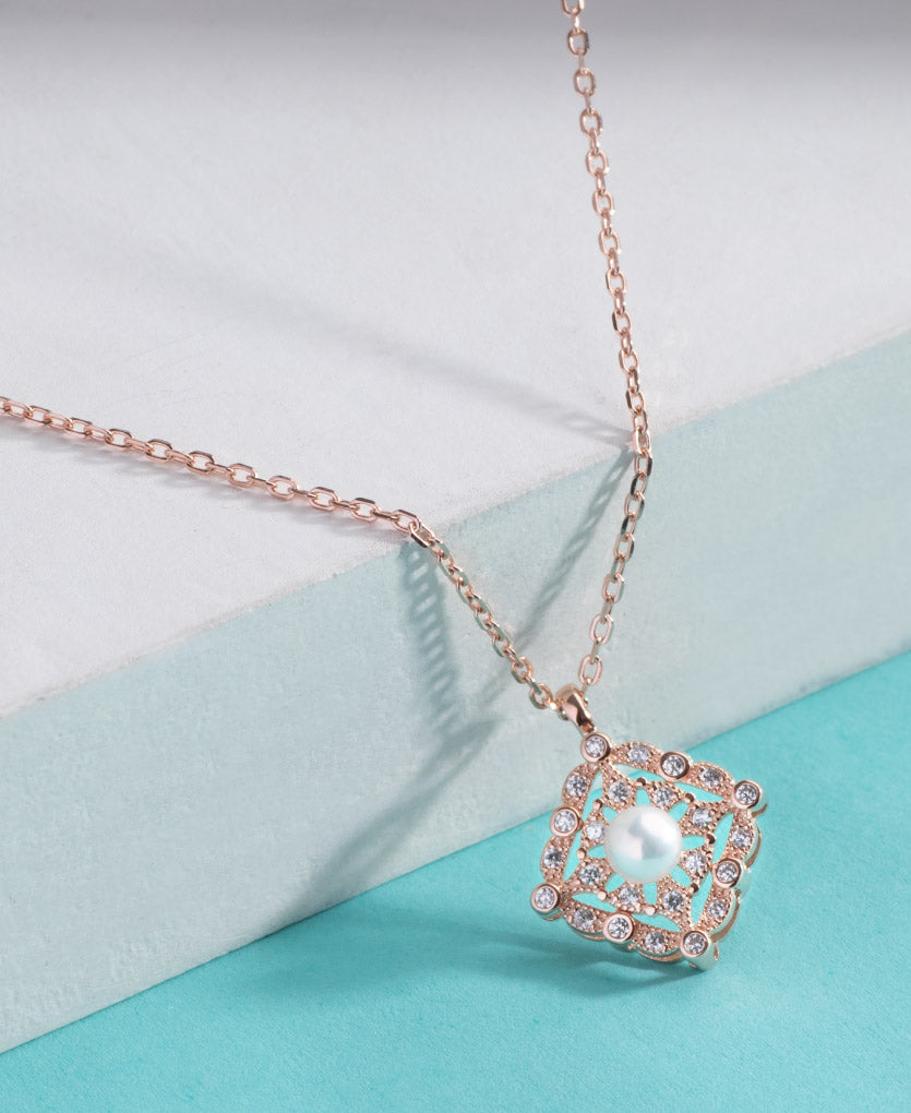 Sterling Silver Square Pendant Necklace With Rose Gold Finish