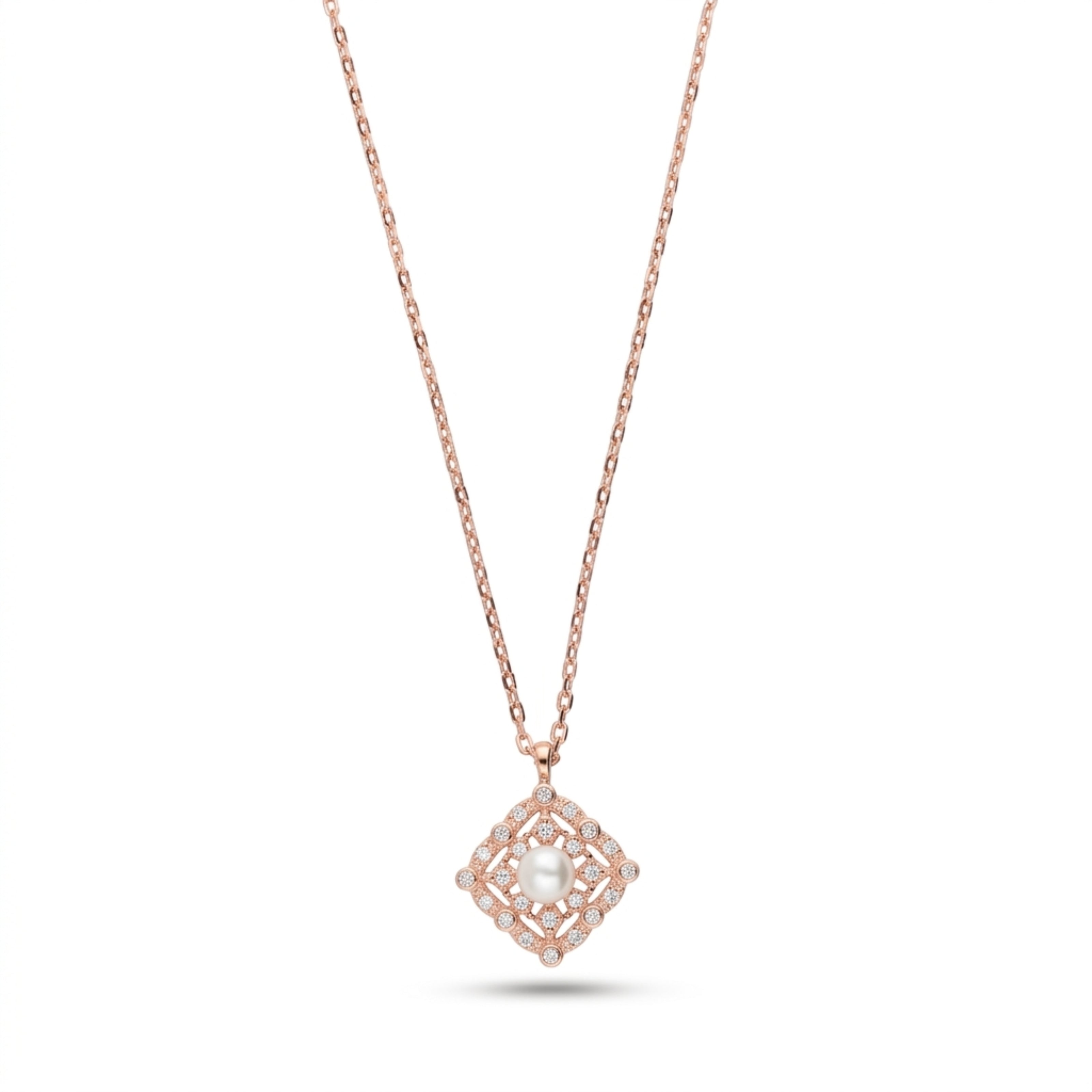 Sterling Silver Square Pendant Necklace With Rose Gold Finish