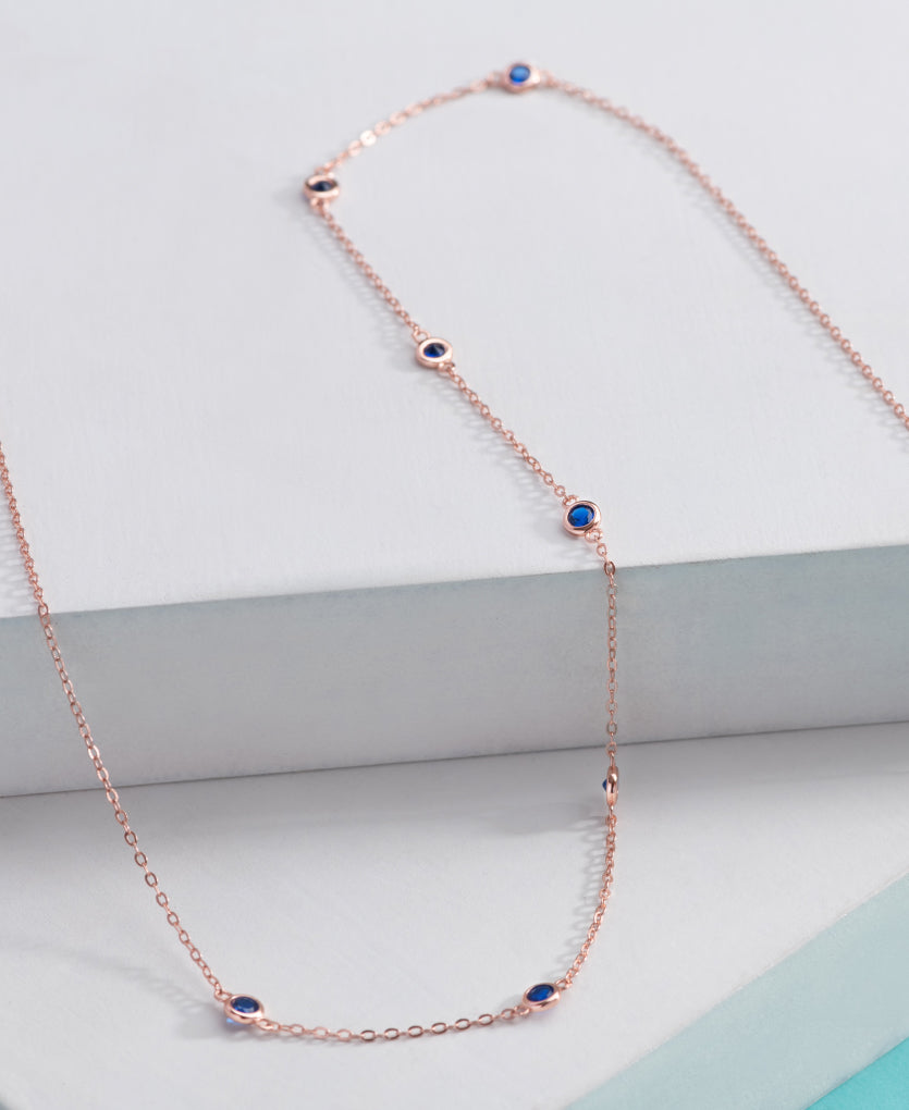 Sterling Silver Necklace With Blue Sapphires With Rose Gold Finish