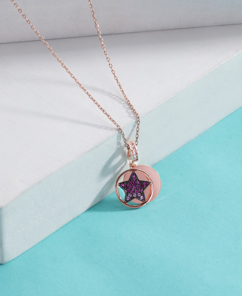 Silver Necklace With Sparkling Star With Rose Gold Finish