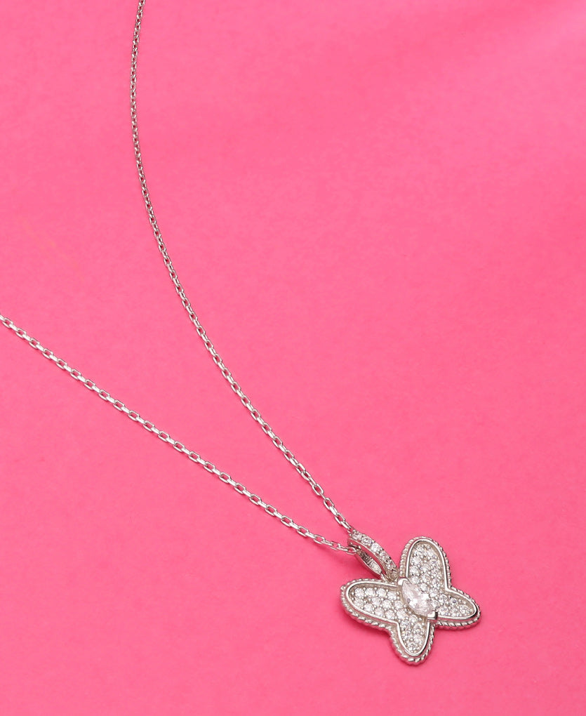 Minimalist Silver Necklace With A Sparkling Butterfly