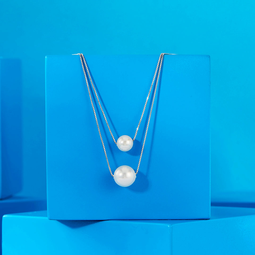 Twin Pearl Silver Multi Layered Necklace