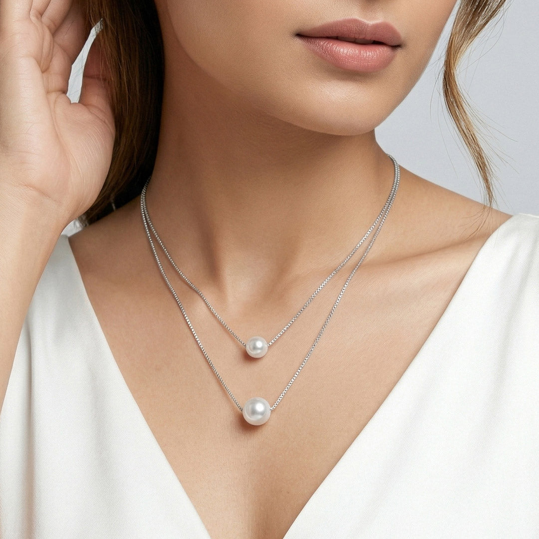 Twin Pearl Silver Multi Layered Necklace