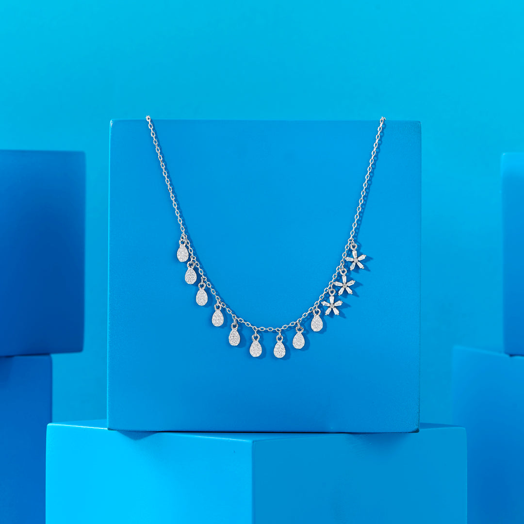 Crystal Drape Silver Charm Necklace