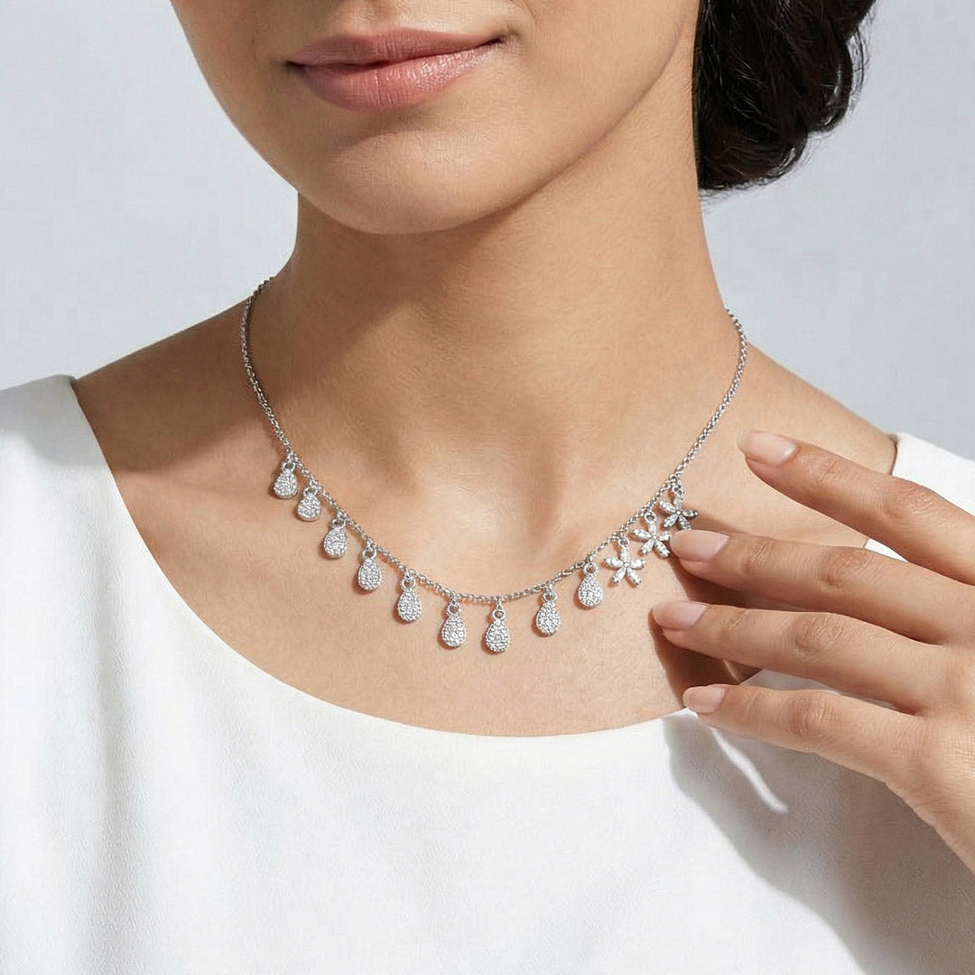 Crystal Drape Silver Charm Necklace