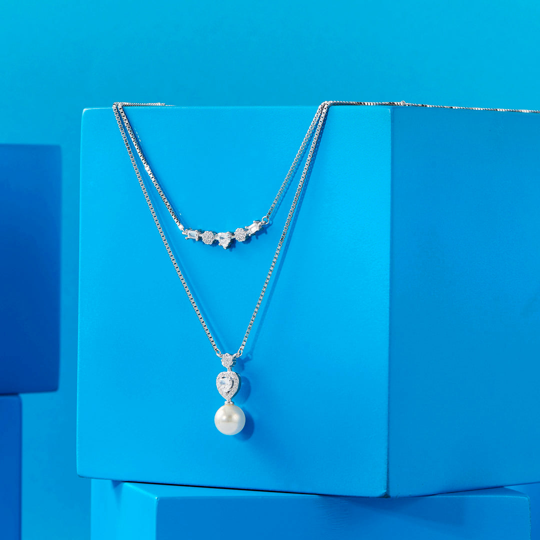 Heart & Pearl Silver Multi Layered Necklace