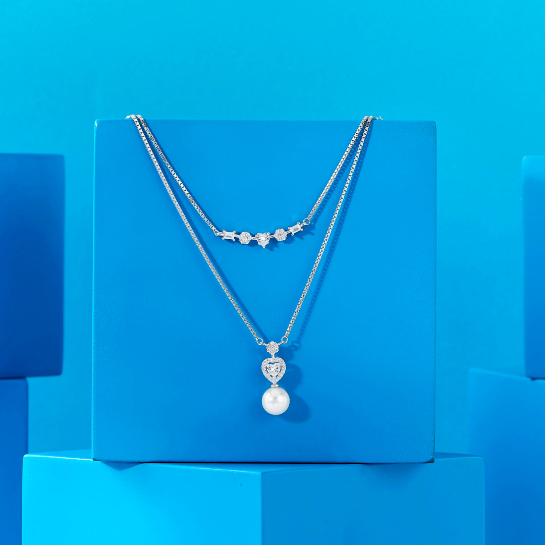 Heart & Pearl Silver Multi Layered Necklace