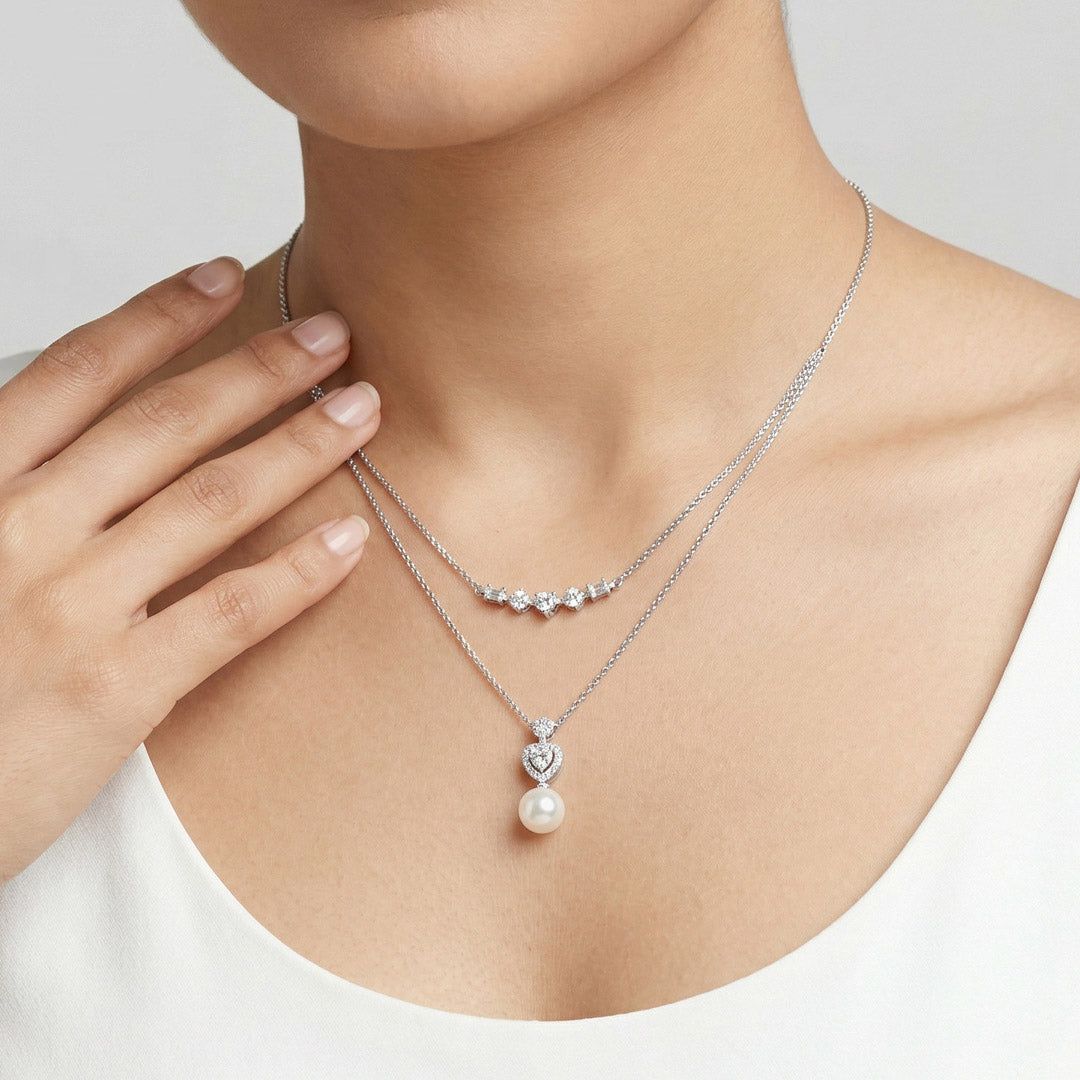 Heart & Pearl Silver Multi Layered Necklace