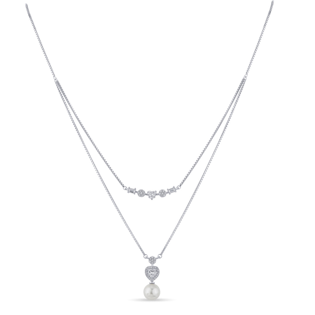 Heart & Pearl Silver Multi Layered Necklace