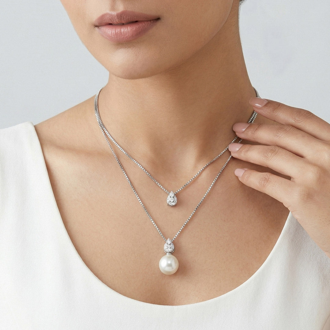 Pearl Gleam Silver Multi Layered Necklace