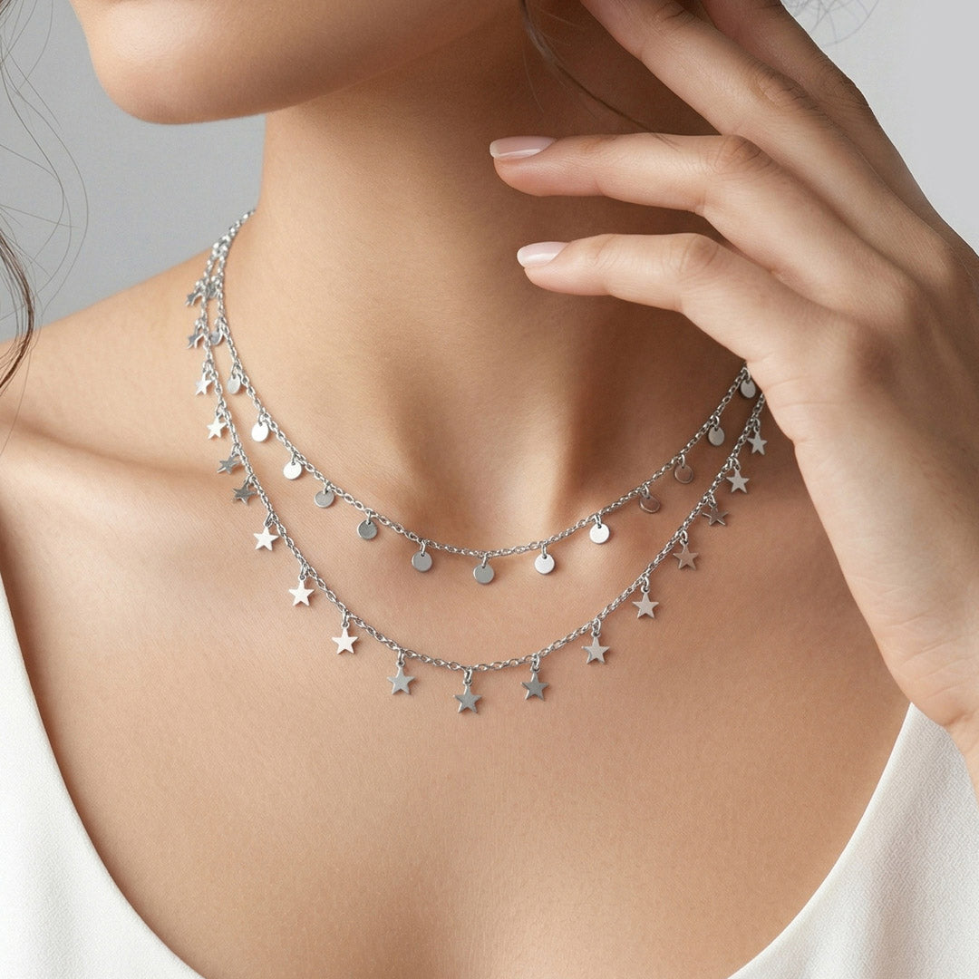 Star Veil Silver Multi Layered Necklace