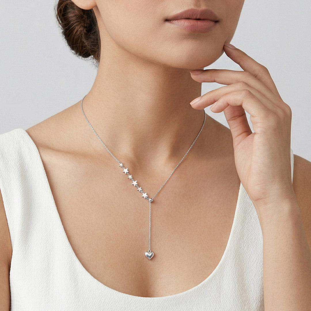 Heart & Stars Silver Lariate Necklace