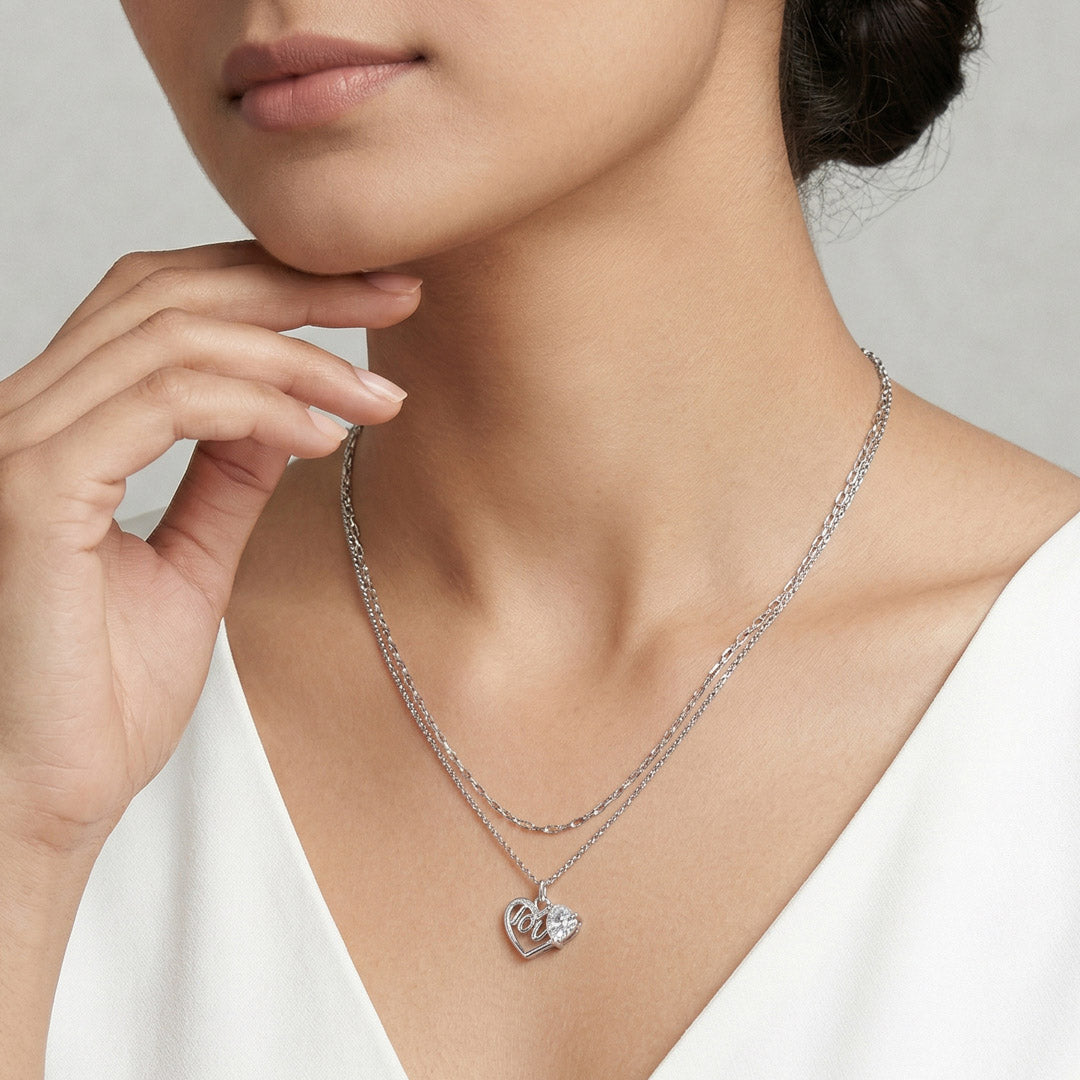 Love & Heart Silver Multi Layered Necklace