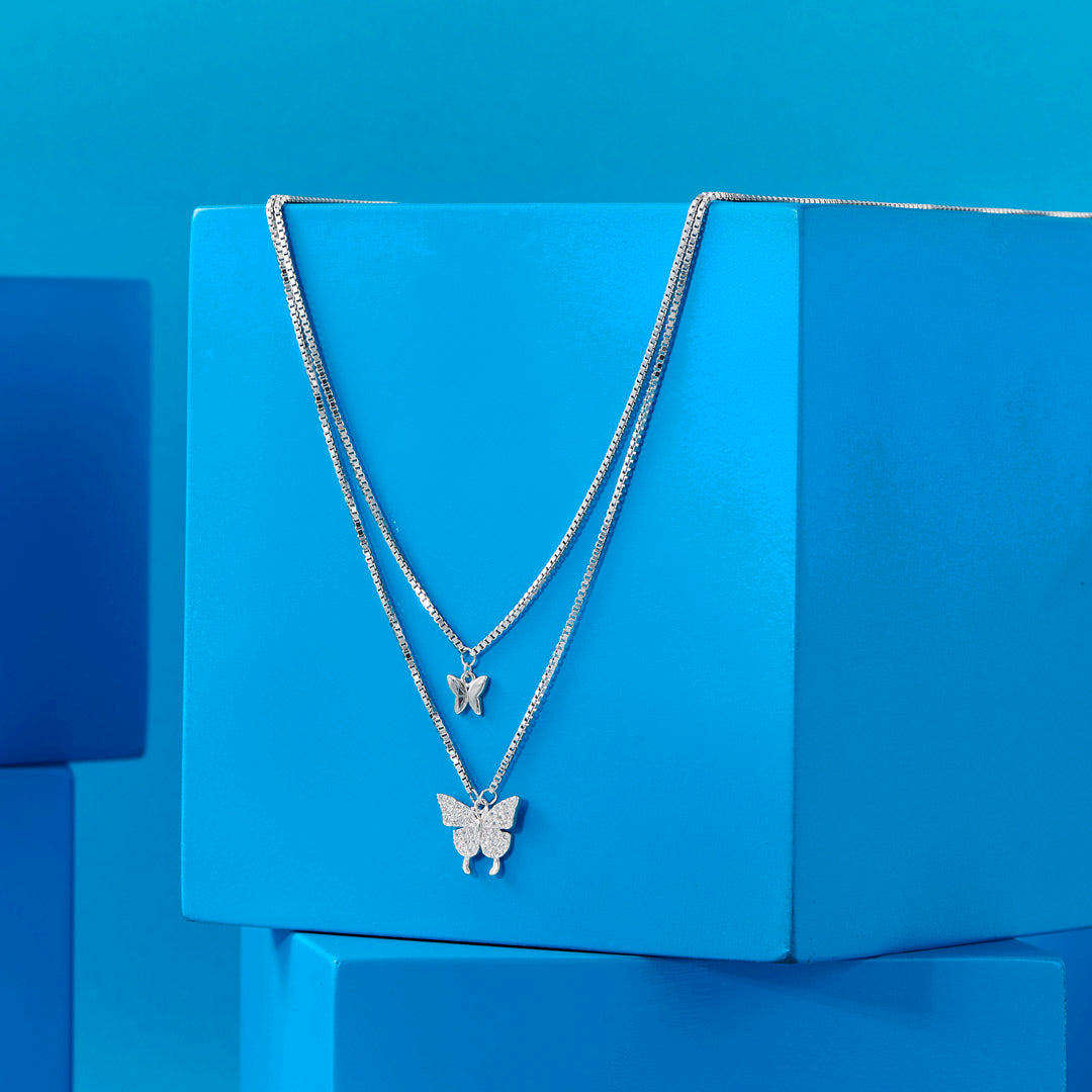 Butterfly Elegance Silver Multi Layered Necklace