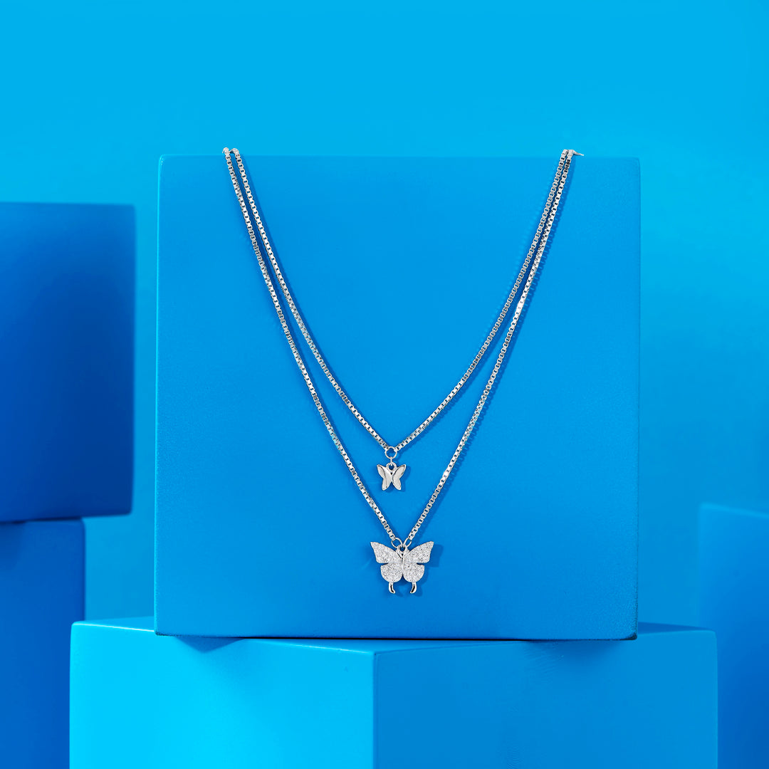 Butterfly Elegance Silver Multi Layered Necklace