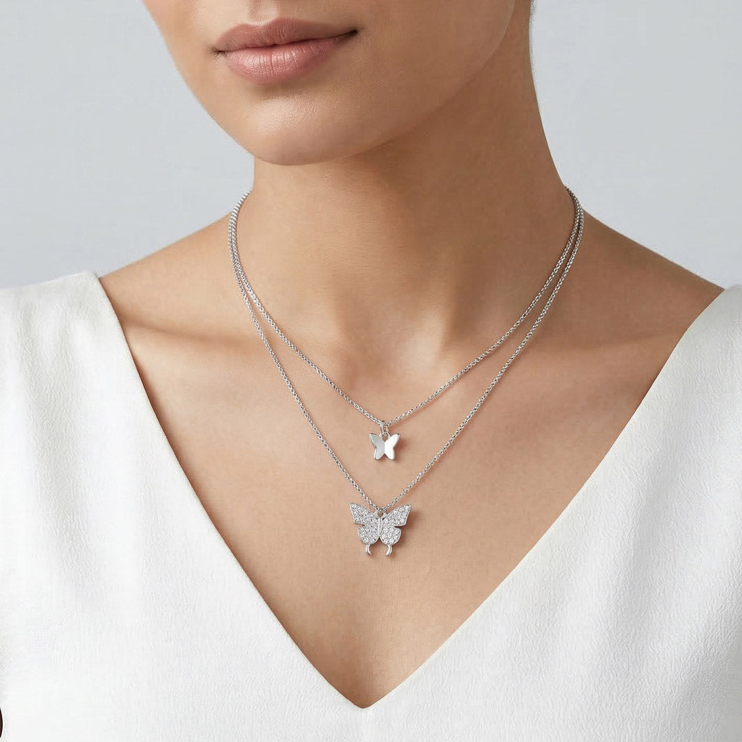 Butterfly Elegance Silver Multi Layered Necklace