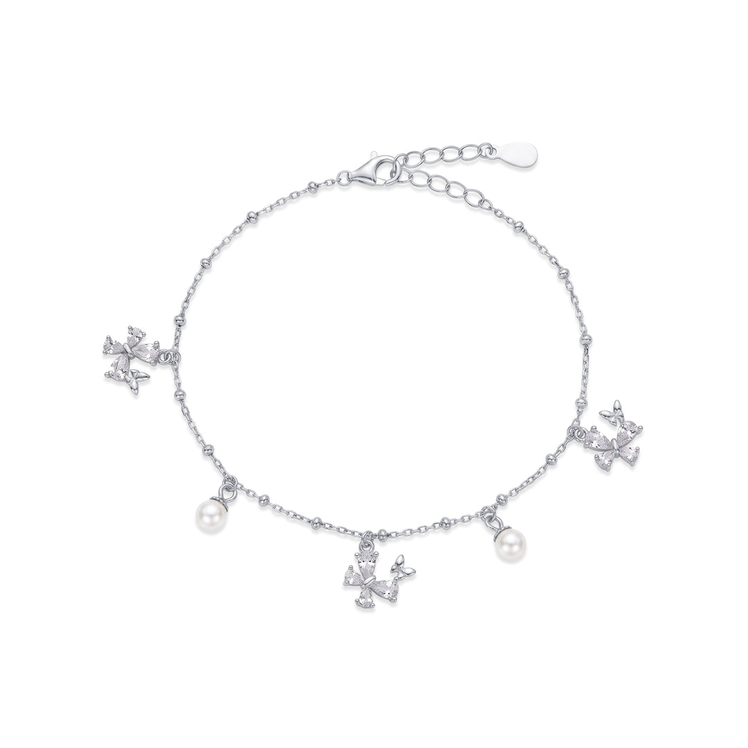 Pearls & Butterfly 
Flexible Silver Bracelet