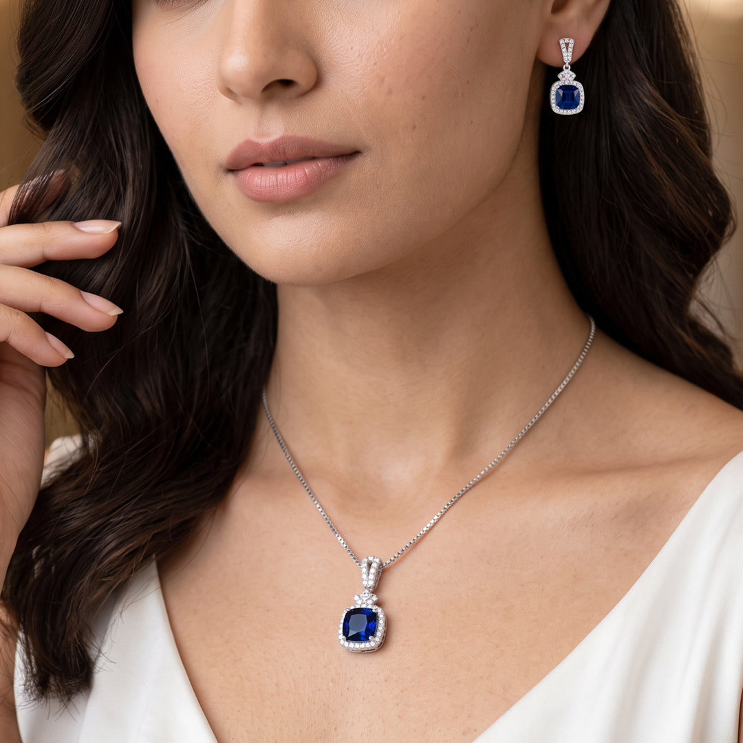 Saphire Blue Silver Pendant Set