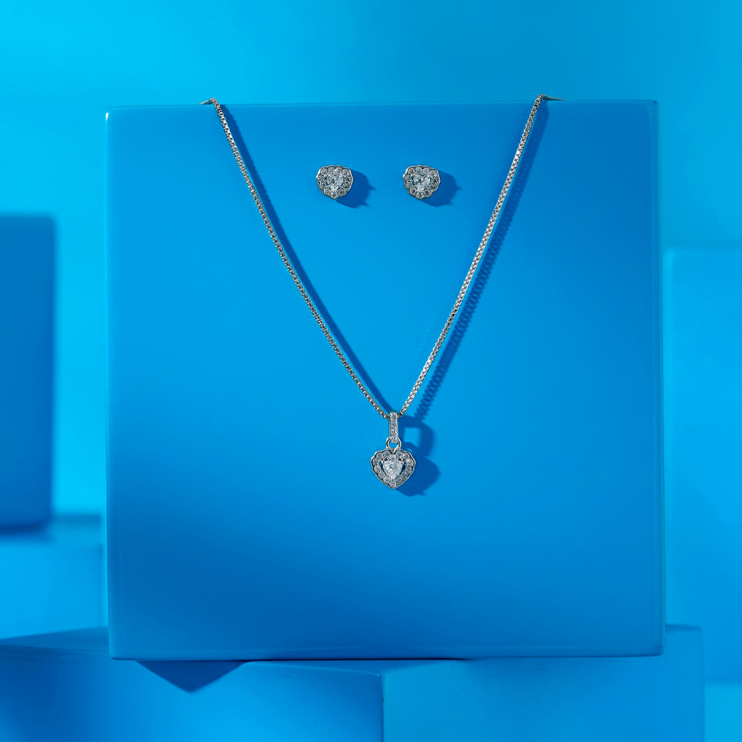 Studded Heart Silver Pendant Set